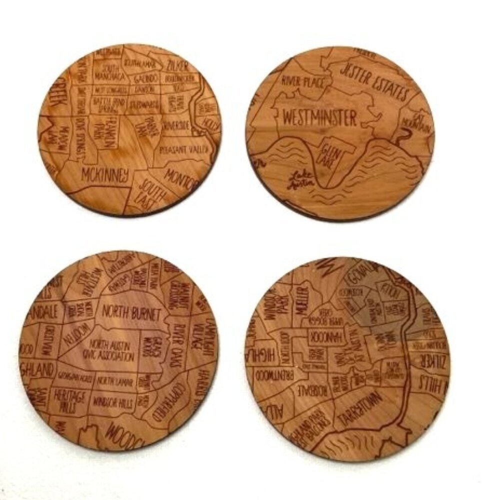 Neighborwoods Wood Coasters Austin Texas Set of 4 Made in USA 3.5" D